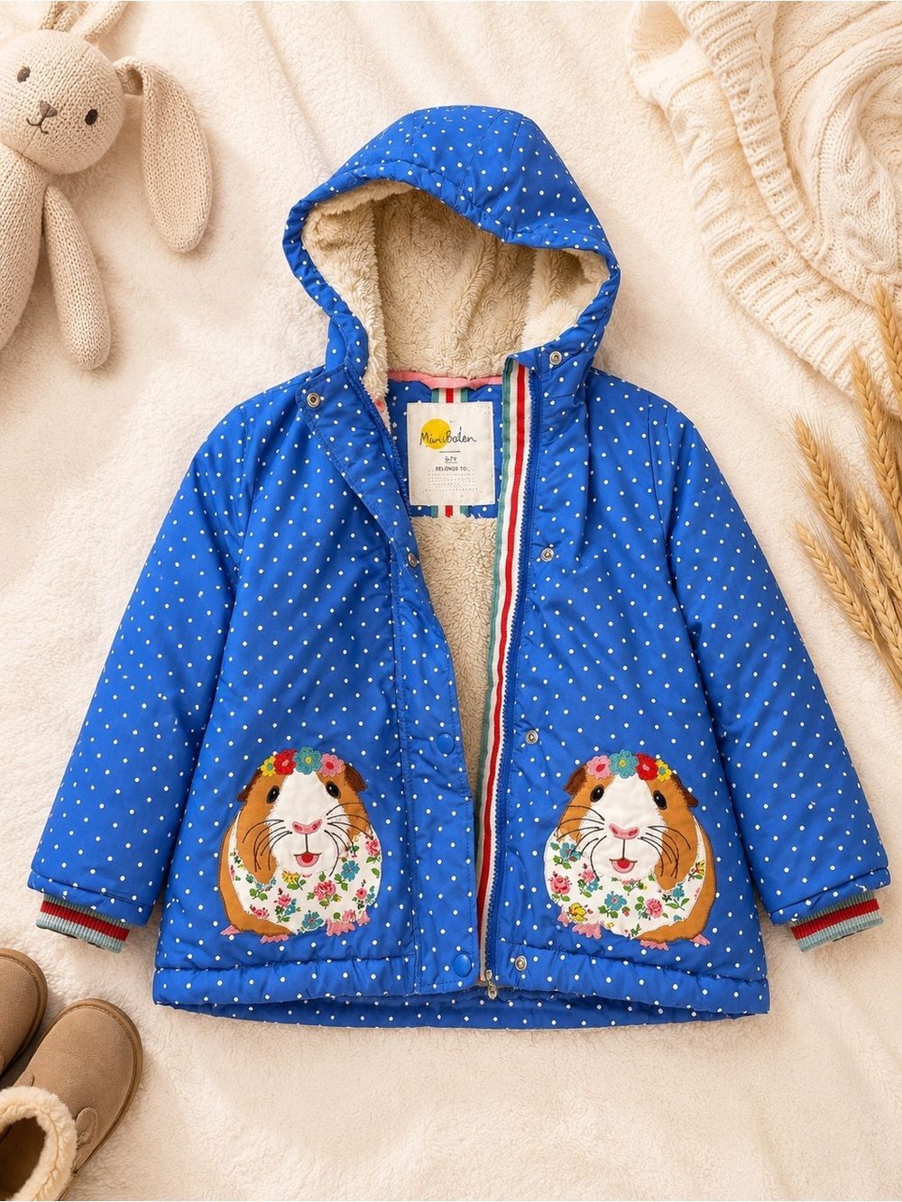 Mini Boden Blue Polka Dot Sherpa Lined Guinea Pig Coat 6-7Y